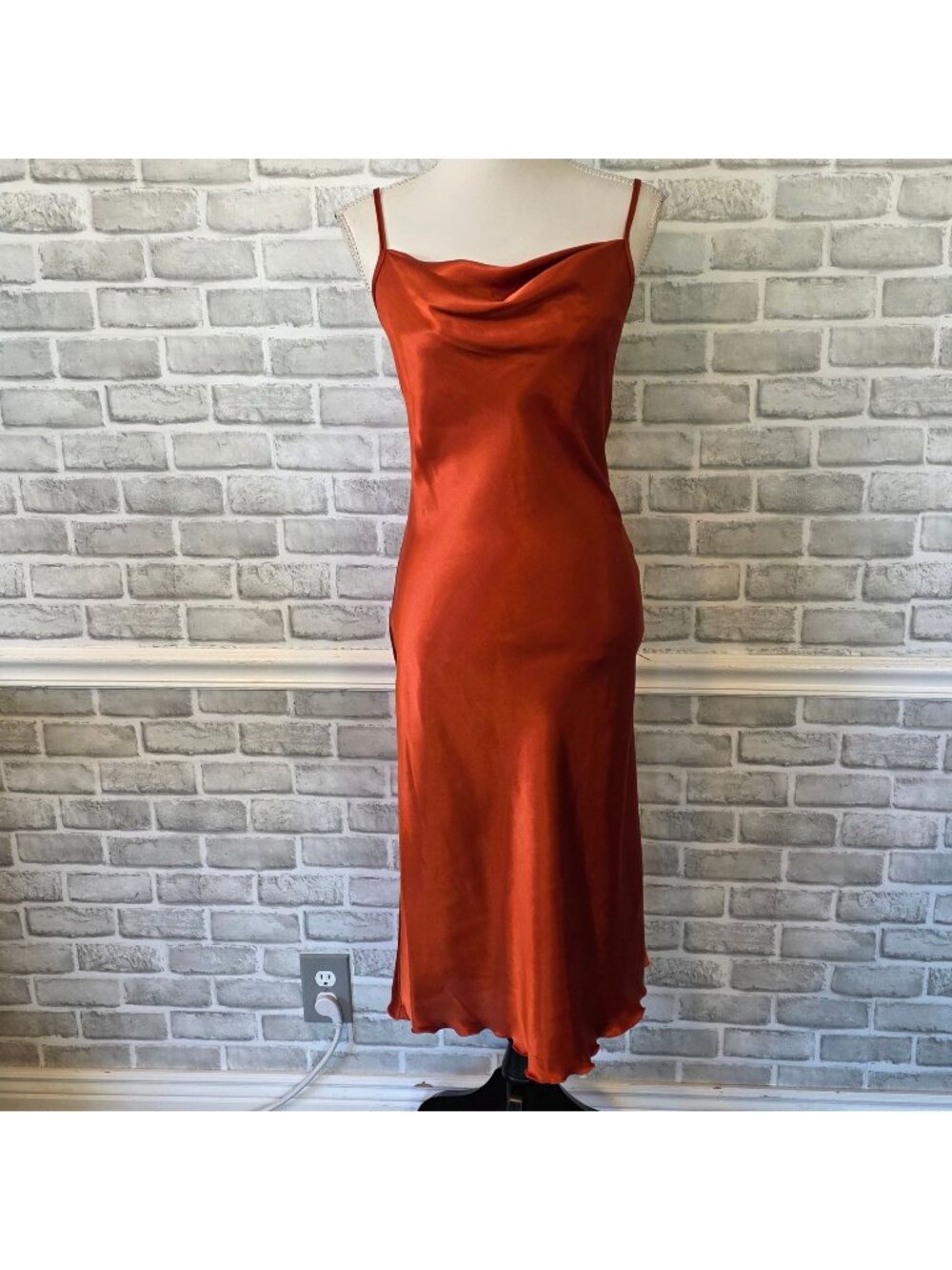 Bebe Rust Satin Slip Dress Cowl Neck 90s Minimalist Wedding Guest Nightclub S